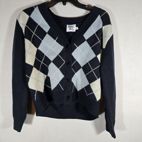 Princess Polly Blue White Chunky Knit Cropped Cardigan S/M Sweater N1 Gently Use - Picture 2 of 12